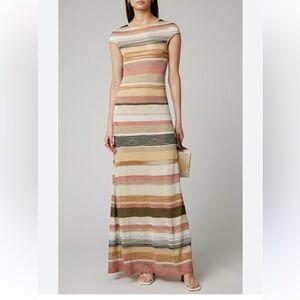 Missoni Striped Knit Maxi Dress in Cream, Pink, Tan, Olive and Gray